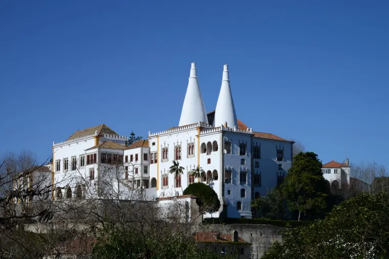 The twin white conical chimneys of the Sintra National Palace